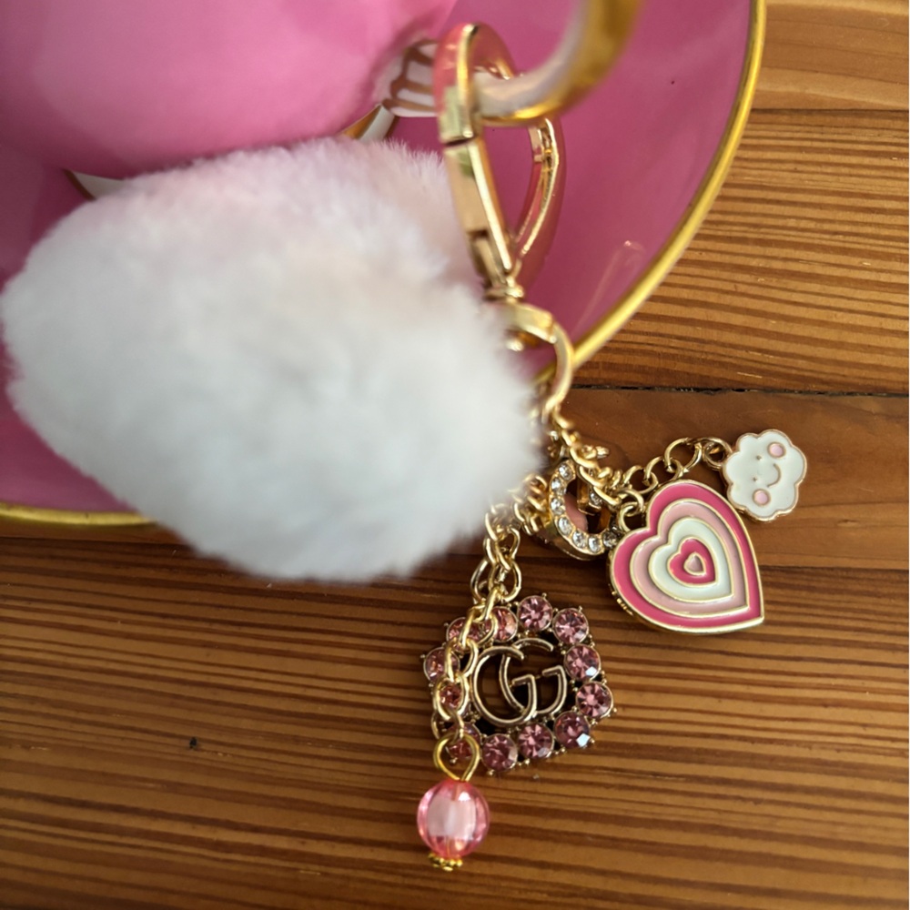 Pink and Gold Heart Keychain with Pom Pom